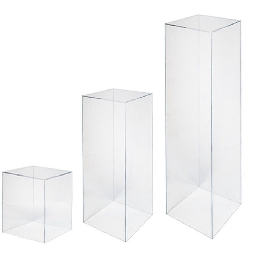 Clear Rectangular Plinths Set of 3 – Adelaide Wedding Hire