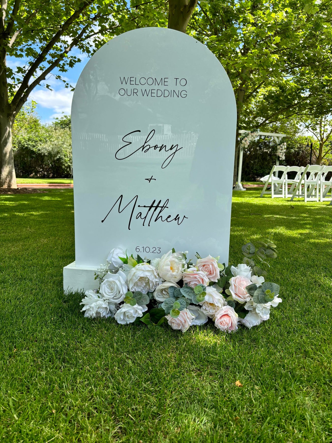 Personalised Acrylic Arch Signage with Base – Adelaide Wedding Hire